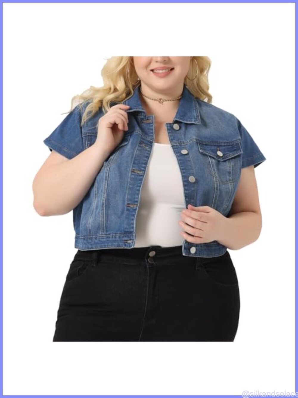 Plus Size Cropped Denim Jacket Short Sleeve Button Down Washed Lightweight